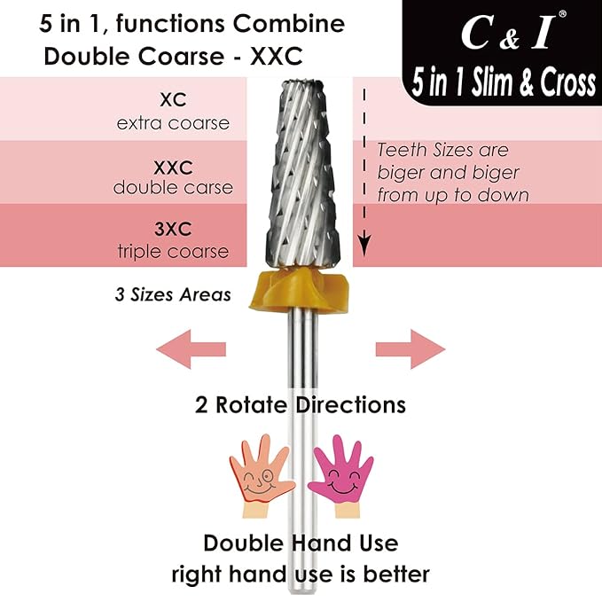 C & I 5 in 1 Nail Drill Bit, Cross & Slim Edition, Professional Nail Drills for Electric Manicure Drill Machine (Double Coarse -XXC)