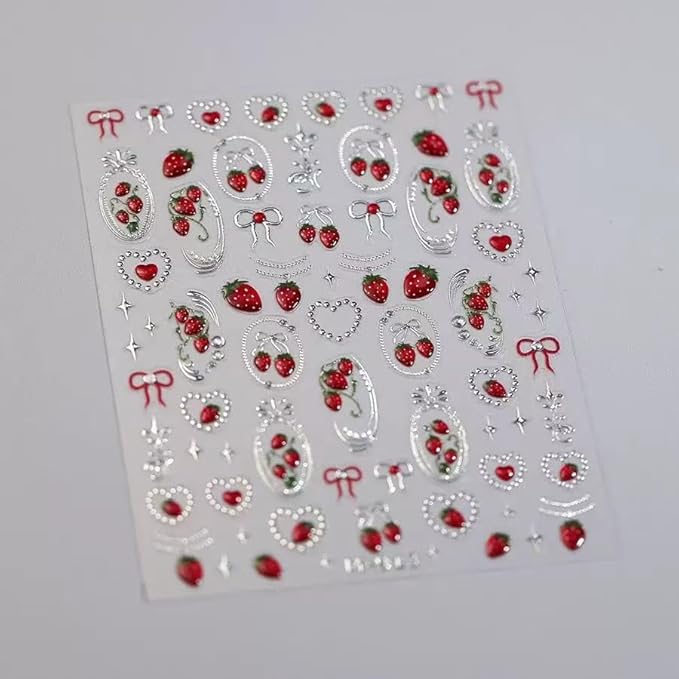 2 Sheets Red Strawberry Nail Stickers Silver Sliders Line Heart Nail Decals 3D Self-Adhesive Heart Nails Decals Cute Red Bow Design Strawberry Nails Supplies for Women Manicure