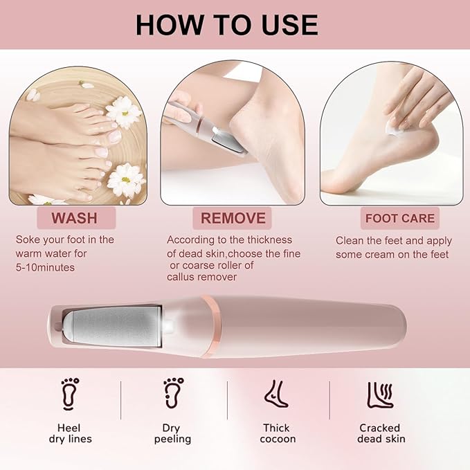 Electric Callus Remover for feet,Rechargeable Foot Callus Remover -2 Speed Adjustable,Coarse & Fine Roller - Electric Hard Skin Removal for Feet-Smooth feet in Seconds for Women & Men (Pink)