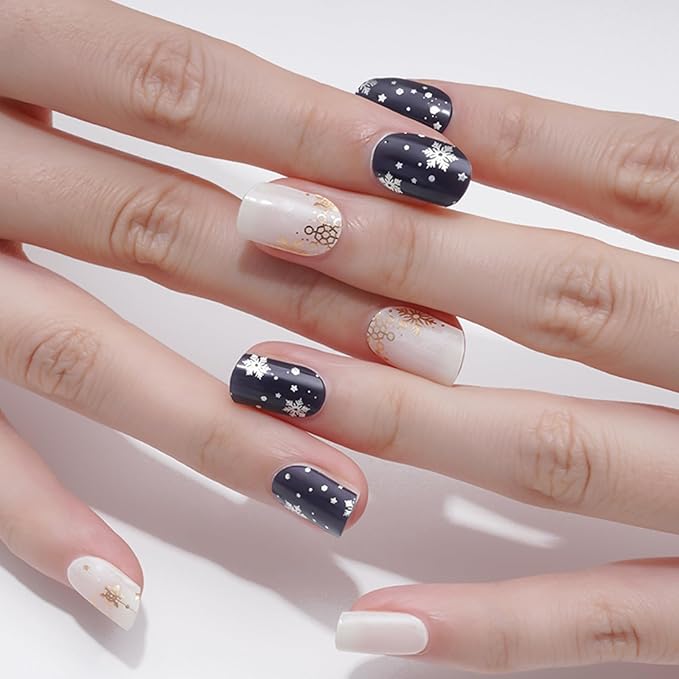 20pcs Semi Cured Gel Nail Strips, Real Nail Polish Art Stickers, Christmas Blue Snowflake Gel Nail Stickers - Work with Any UV Lamp, Long Lasting Full Wraps with Nails File and Stick