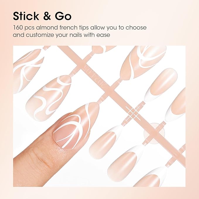 Gellen French Tip Press on Nails, 160 Pcs Soft Almond French Gel Nails with White Swirl Design, Classic Nude French Tip Nails