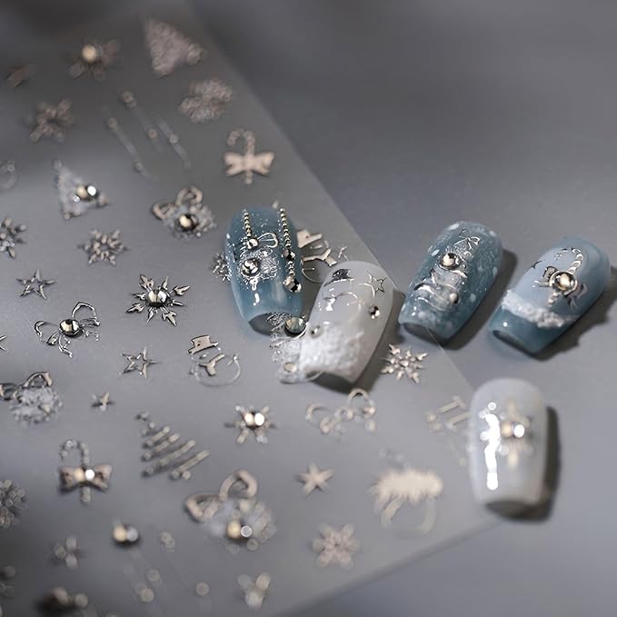 Christmas Nail Art Stickers Silvery Nail Stickers Snowflake Xmas Tree Nail Decals Star Elk with Rhinestones Design 5D Embossed Nail Art Supplies for Winter Holiday Manicure Decorations