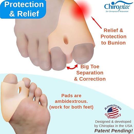 Chiroplax Bunion Corrector for Women & Men Relief Cushion Pads Hallux Valgus Guard Toe Separator Straightener Splint Protector Shield Spacer Sleeve Cover (4 Pads w/Shims, Large)