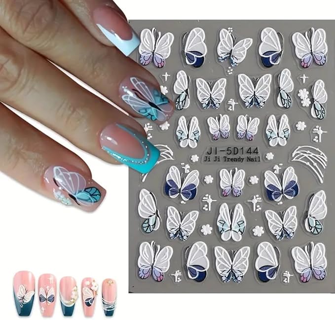 3Pcs Flower Nail Art Stickers Decals 5D Pink Flowers Nail Stickers Spring Relief Blue Butterfly Design Nails Art Decals for Decorations Flower Stickers for Nails Manicure Sliders for Women