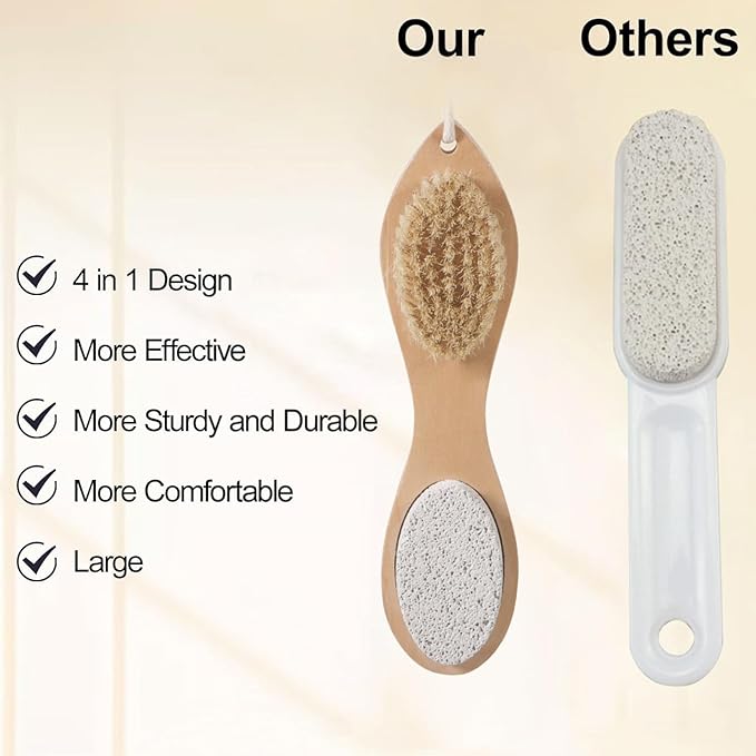 Pumice Stone Brush for Feet 4 in 1, Wooden Foot File Callus Remover, Foot Rasp and Sand Paper Pedicure Tools with Handle, Shower Foot Scrubber, Soft Smooth Feet for Home Foot Care