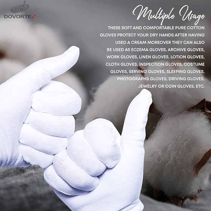 12 Pcs White Cotton Gloves| Cotton Gloves for Eczema| Cotton Gloves for Dry Hands| Moisturizing Gloves | Inspection Gloves| Coin Handling and Jewelry Inspection Gloves|