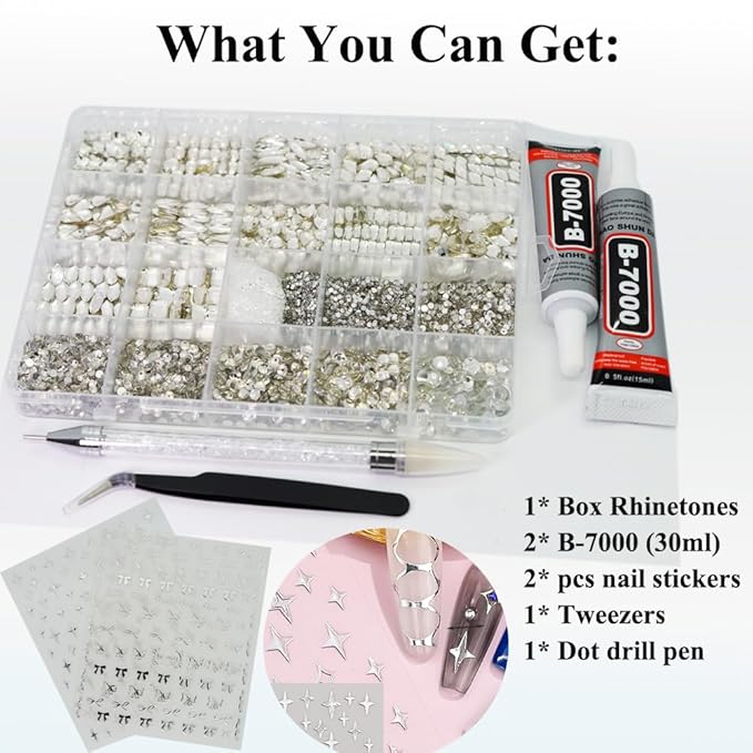 6400Pcs Silver Clear Nail Rhinestones, 600Pcs Multishapes Big Nail Gemstones +5800Pcs 1.5-6.5mm Flat Back Round Crystal Beads with B7000, Nail Decals, Multsize Flat Back Glass Stones for DIY Art