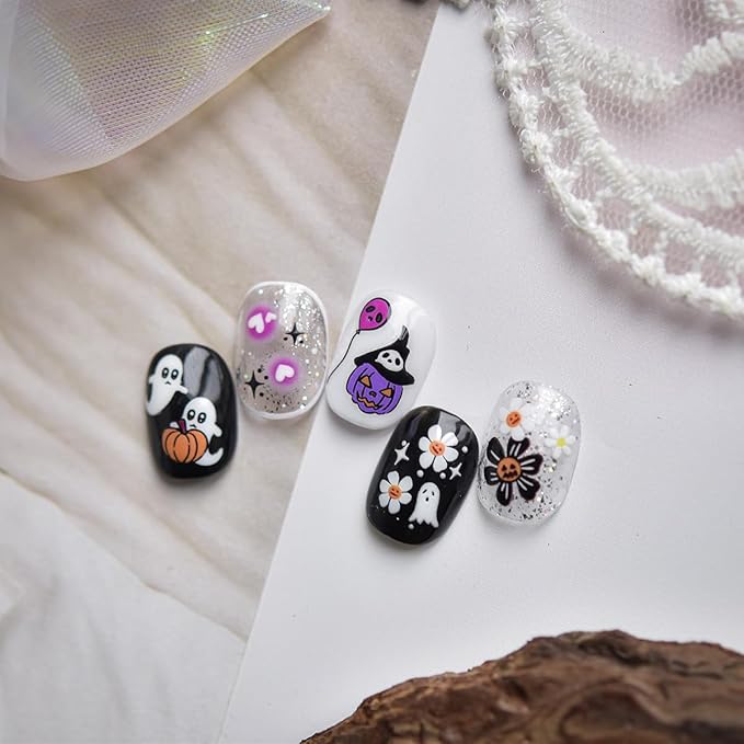 5D Embossed Cute Halloween Nail Art Stickers Self-Adhesive Ghost Nail Stickers with Spider Web Pumpkin Flower Designs Sticker Goth Nail Decals Holiday Nail Decorations for Women Acrylic Manicure Tips