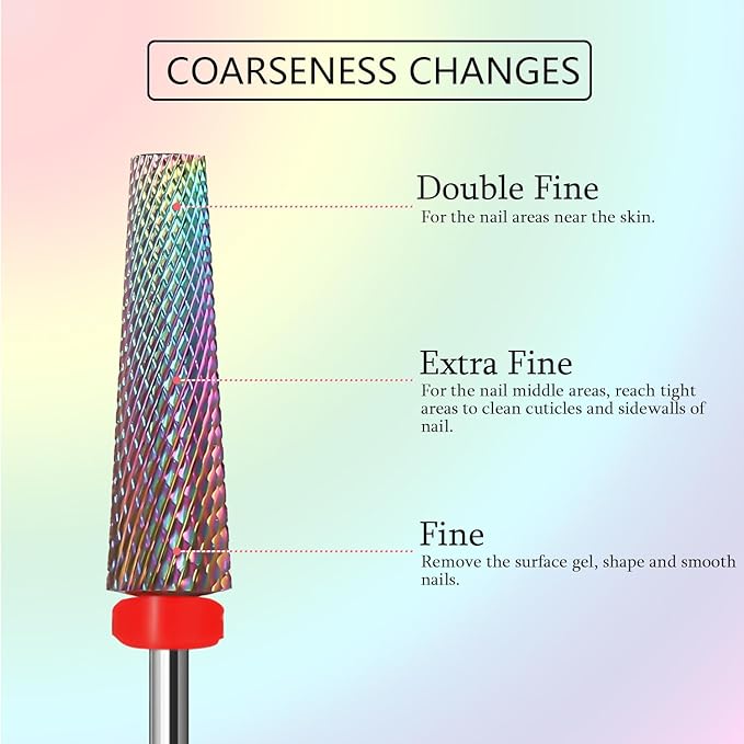 Super Long 5 in 1 Nail Drill Bits, Professional 3/32'' Carbide Tungsten Two Way Rotary Advanced Safety Bits, Fast Remove for Manicure Pedicure Cuticle Acrylic Nails(Rainbow, Fine-F)