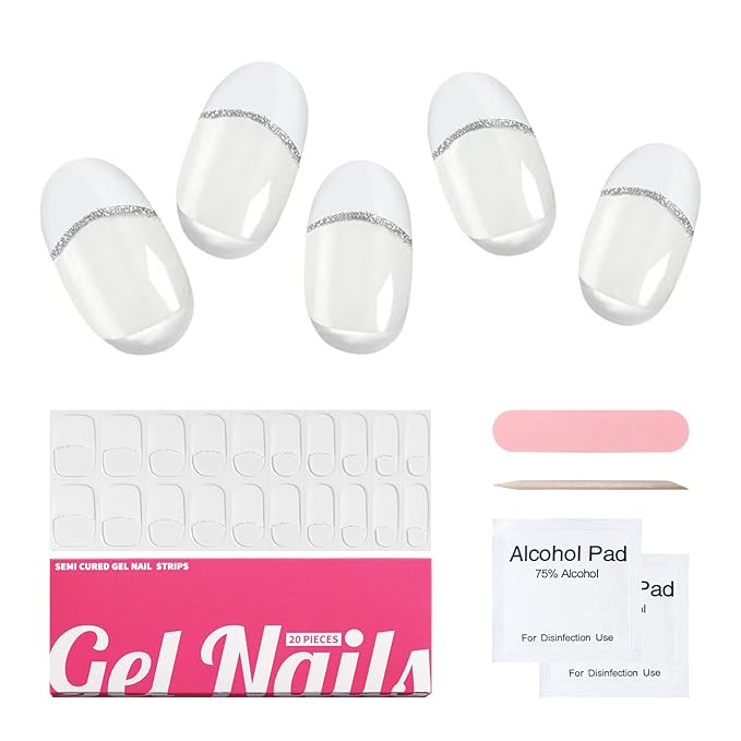 Semi Cured Gel Nail Strips, 20 PCS Stickers Work with UV Light, Gel Nail Wraps, Salon Quality & Easy to Use - Classic French