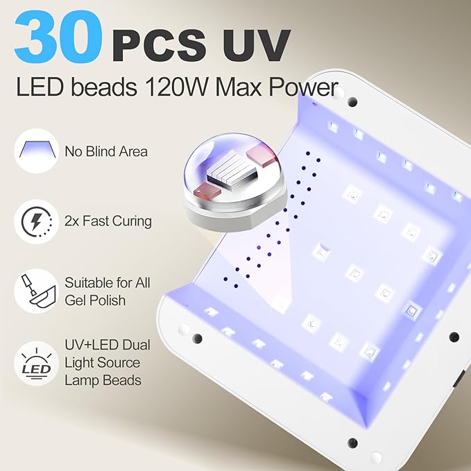 UV Nail Lamp 120W, Professional UV LED Lamp for Gel Nails Long-Lasting 30Pcs Beads Cordless Gel Nail Light, Fast Curing Nail Dryer with Knob for Home Salon DIY Grey