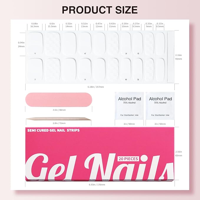 Semi Cured Gel Nail Strips, 20 PCS Gel Nail Stickers - UV Light Wraps, Salon Quality & Easy to Use - French Chess