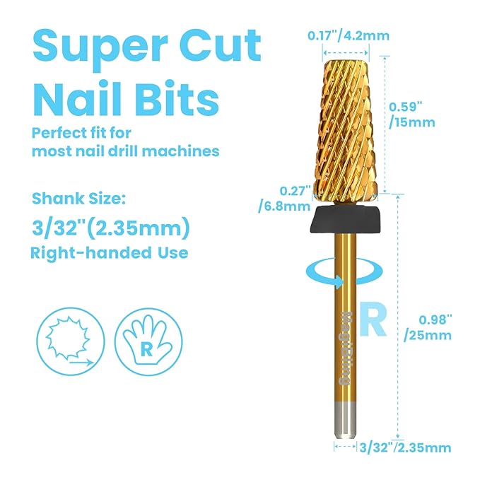 Super Cut Tapered Barrel Nail Drill Bits, 3/32'' Professional Tungsten Carbide Bits, Remove Hard Gel Fast, Right Hand, Suitable for Long Acrylic Nails Gel Polishing, Extra Coarse.