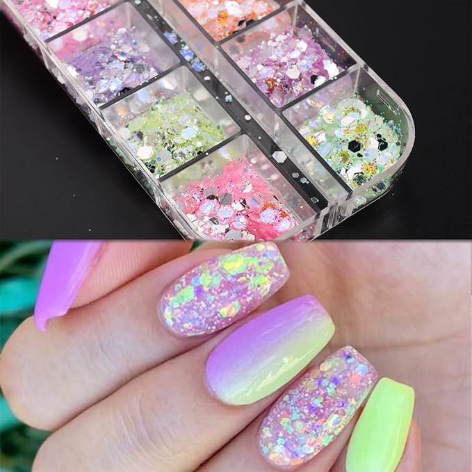 12 Grids Colorful Mermaid Nail Sequin Holographic Nail Art Glitter,Iridescent Nail Art Flake Glitter Decals Glass Paper Design Nail Accessories Acrylic Nails for Women Make Up DIY Nail Decoration