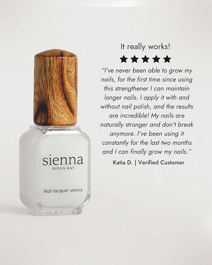 Sienna Byron Bay Natural Nail Strengthener Polish, Transparent Clear, Strengthening, Long-Lasting, Vegan & Cruelty-Free, 10ml – .34 fl oz.