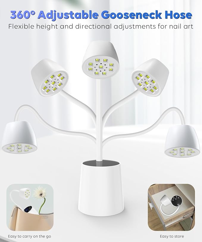 UV LED Nail Lamp - Gooseneck UV Light for Gel Nails Cordless USB 27W Nail Dryer 2 in 1 Gel Lamp and Desk Lamp with 4 Times & Auto Sensor Professional Fast Flash Curing Polish Nail Art(White)