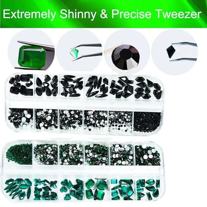 2700 Pcs Green and Black Nails Rhinestones, 120Pcs Big Green and Black Diamond Nail Gem Stones with SS5 SS8 SS10 SS12 SS16 Glass Flatback Round Beads, Glass Jewelry for Nails Art Decoration