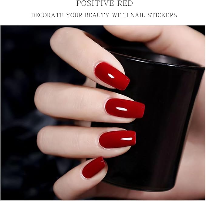 JMEOWIO Semi Cured Gel Nail Strips Bright Red Gel Nail Stickers Nails Art Design Decoration Accessories