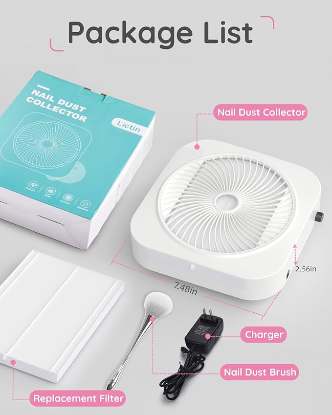 Lictin Nail Dust Collector with Reusable Filter, Adjustable Nail Vacuum Dust Collector Extractor Electric Dust Suction Machine for Acrylic Gel Nail Polishing White
