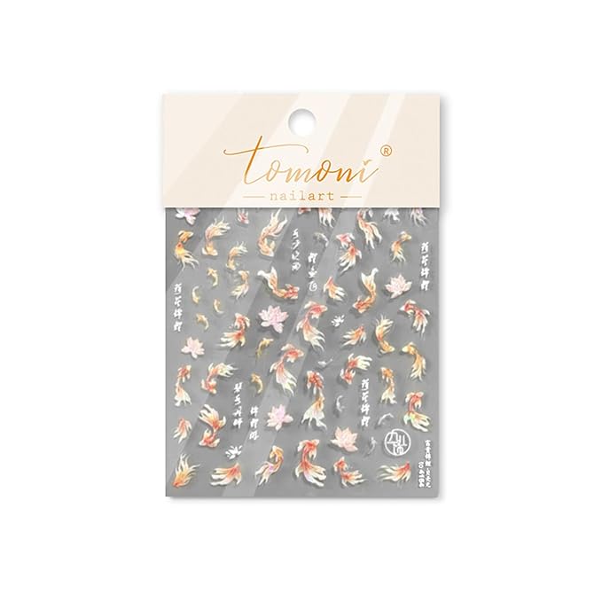 Golden Koi Fish Nail Art Stickers 5D Embossed Self-Adhesive Lotus Nail Decals for Acrylic Nails Lucky Red Koi Fish Designs Nail Sticker Cute Goldfish Nail Decal for Women DIY Art Nails Decor Supplies