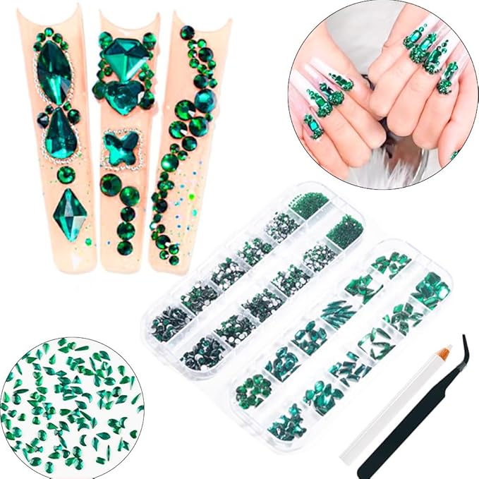 2680Pcs Emerald Green Nail Rhinestones, 120Pcs Big Glass Green Diamond Nails Gem Stones with Bling Flatback Round Beads, Clear Nail Art Charms Jewelry for Face DIY Decoration with PickTool
