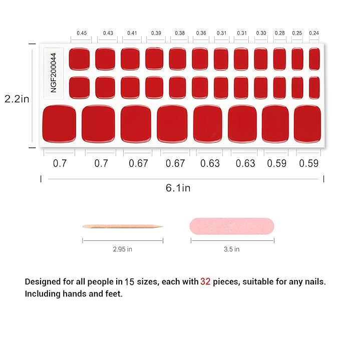 Semi Cured Gel Toenail Strips, 32 Power Red Gel Toenail Stickers - Works with Any UV Lamps Pedicure Strips Full Nail Wraps with Nail File & Wood Stick