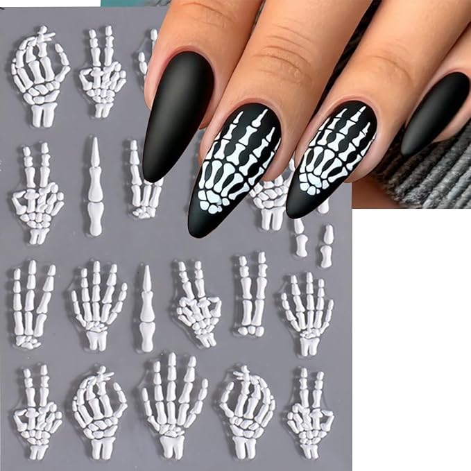 3 Sheets Halloween 5d Embossed Skeleton Nail Stickers for Nail Art Rose Flower Skeleton Nail Decals Self-Adhesive Pink Gold Nail Design Stickers Holiday Nail Art Supplies for Women Acrylic Nails