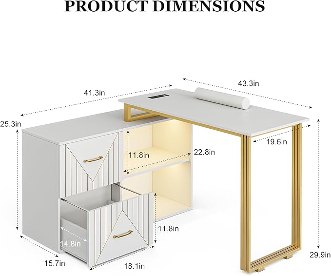 Paddie Manicure Table for Nail Tech with Wrist Cushion, Corner Nail Desk with 2 Drawers and 2 Shelves, Beauty Salon Nail Supplies Decor Station with 16 Colors LED Lights （White）