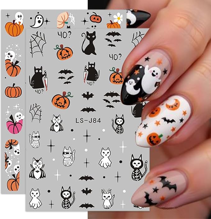 6 Sheets Halloween Nail Art Stickers 3D Cute Ghost Nail Decals Pumpkin Skull Cat Spooky Spider Web Bat Self-Adhesive Design Gothic Nail Stickers Nail Art Supplies for Women Acrylic Nails Decorations