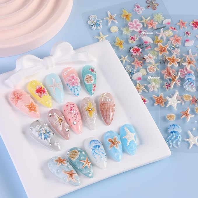 Ocean Life 5D Embossed Nail Art Stickers Decals, 5 Sheets Starfish Seashell Jellyfish Hibiscus Flowers Self Adhesive Nail Decals Summer Sea Theme Nail Supplies for Women Girls DIY Manicure Decor