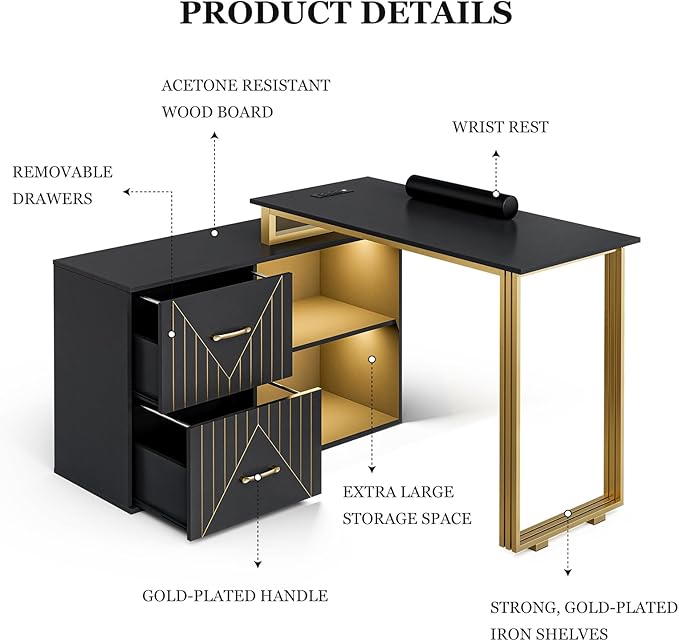 Paddie Manicure Table for Nail Tech with Wrist Cushion, Corner Nail Desk with 2 Drawers and 2 Shelves, Beauty Salon Nail Supplies Decor Station with 16 Colors LED Lights （Black）