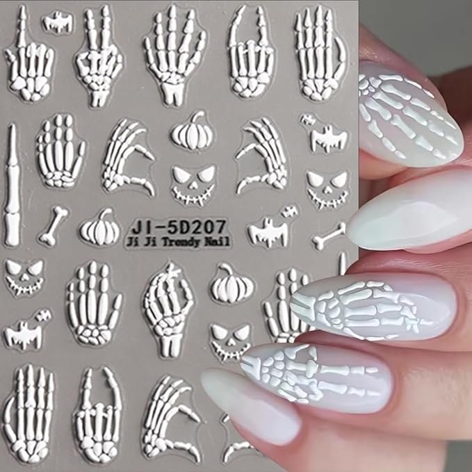 Halloween Nail Art Stickers Decals 5D Embossed Finger Bone Nail Decals 3PCS Fantasy Bone Pumpkin Bat Design Halloween Nail Stickers Nail Art Supplies for Women Holiday DIY Manicure Decorations