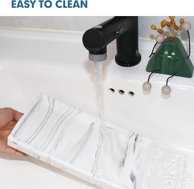 Bloss Small Bathroom Vanity Tray with Soap Dish, 8 x 4 inch Silicone Marble Tray for Kitchen Counter,Toilet Tank Storage,Perfume Trays for Dresser, Jewelry, Candle, Key