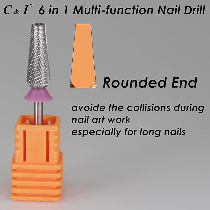 C & I Nail Drill Bit 6 in 1 Multi-function Rounded End E File, Tungsten Steel CNC Overall Cutting, Manicure Tool for Nail Tech Quick Remove Nail Gels, Acrylic Nails (Original, Double Fine -XXF)