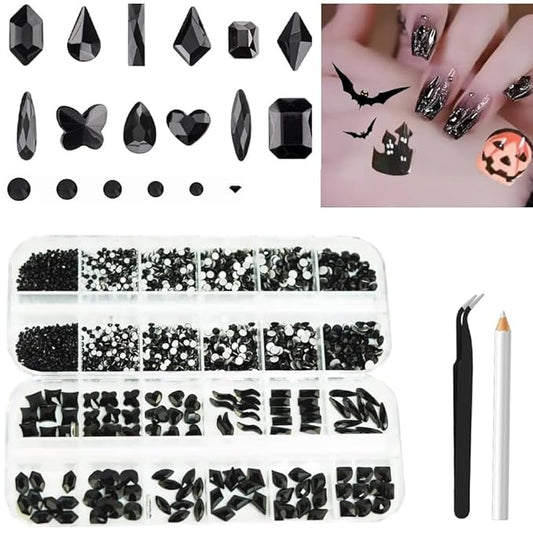 2680Pcs Black Rhinestones Nail Gems, 120pcs Big Black Nails Charms with Bling Flatback Round Beads, Light Black Clear Diamond Stones Jewelry Supplie for DIY Face Eyes Makeup Crafts Decoration