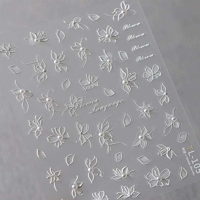Flower Nail Stickers White Nail Art Stickers Pearl Floral Nail Decals Self-Adhesive 5D Embossed Nail Decals for Women Girls Acrylic Nails Manicure DIY Nail Supplies