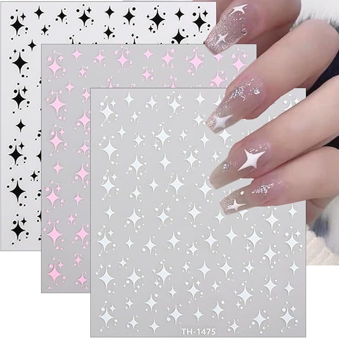 6Pcs Independence Day Star Nail Art Stickers Decals 3D Self-Adhesive Shiny Star Nails Decals Glitter Black White Pink Blue Five Pointed Stars Nail Stickers French Starlight Nails Supplies Decoration