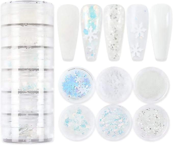 6 Boxes Christmas Nail Art Glitter Sequins Winter White Snowflake Flakes 3D Holographic Xmas Supplies for Acrylic Nails Decorations Accessories for Women