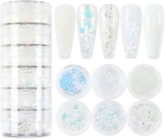 6 Boxes Christmas Nail Art Glitter Sequins Winter White Snowflake Flakes 3D Holographic Xmas Supplies for Acrylic Nails Decorations Accessories for Women