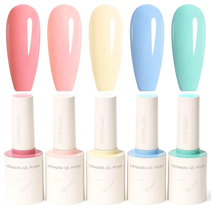 VENALISA 10 ML Gel Nail Polish Set, 5 Pcs Pink Yellow Blue Gel Polish Color High Gloss Soak Off U V Nail Manicure Salon DIY
