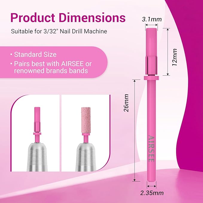 AIRSEE 3.1mm Small Nail Drill Mandrel Bits for Mini Efile Sanding Bands, Stainless Steel Professional Electric Head Clean Remove Cuticle Removing, Acrylic Manicure Sander Safety (Pistil Pink)