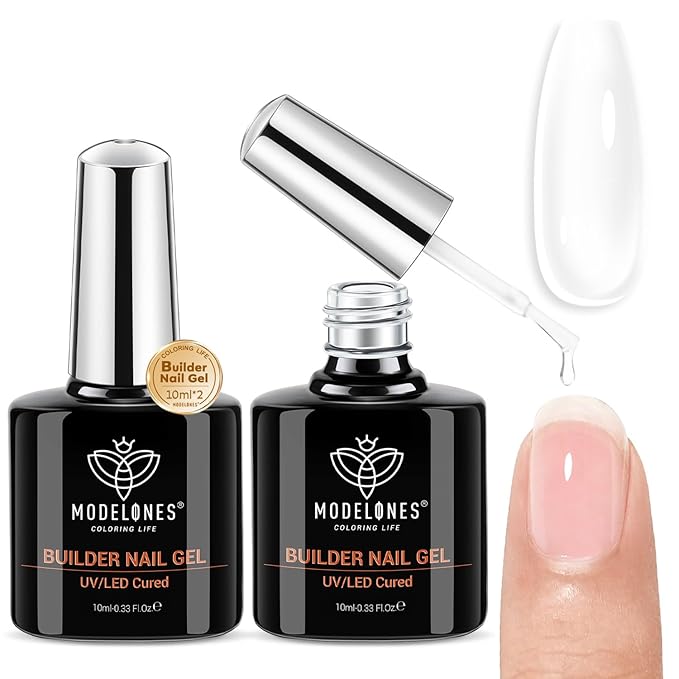 modelones Builder Nail Gel, 2 Pcs Clear Builder Nail Polish for Thickening Strengthener Apex Building Extension Rubber Base Gel Polish in a Bottle for DIY Home Salon Gifts 10ml LED Lamp Cured