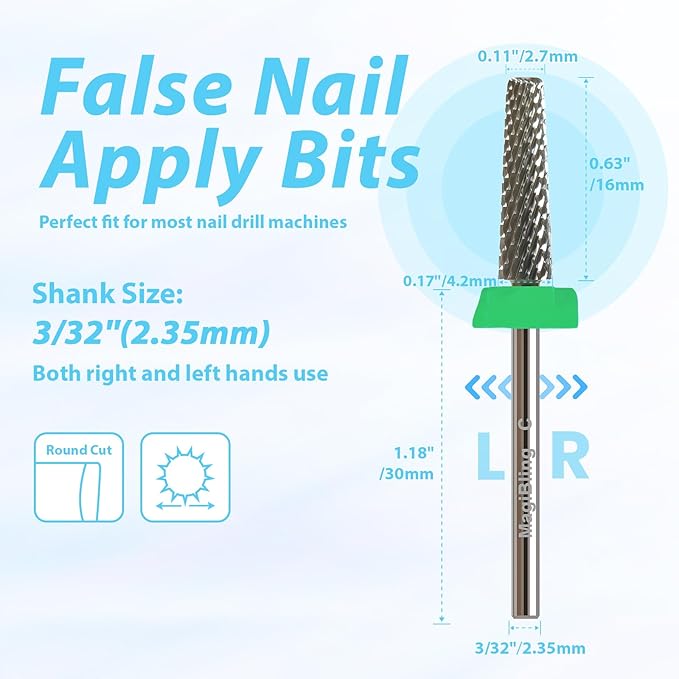 16mm 5 in 1 Nail Drill Bits for False Nail Apply, 3/32'' Tapered Tungsten Carbide Professional Bit, Slender Bit for Corners, Left & Right Hand Use, Manicure Cuticle Gel Polishing, Coarse.