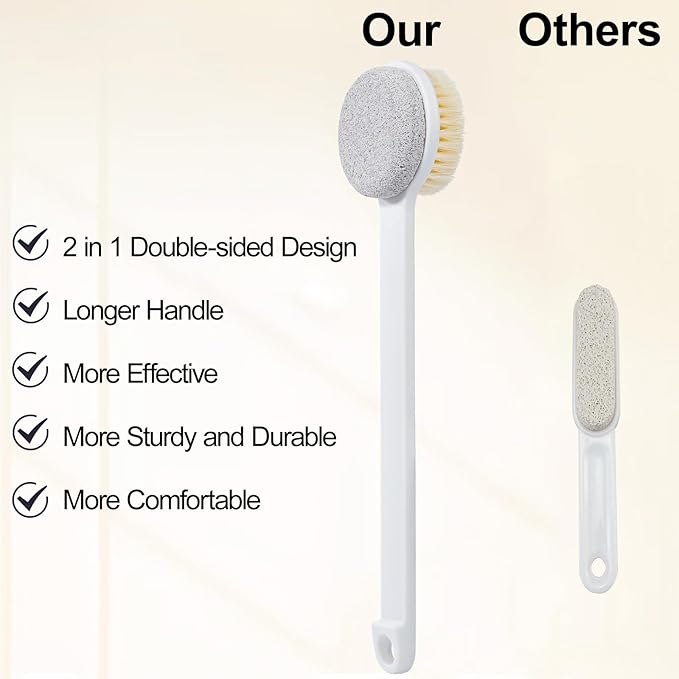 Pumice Stone and Shower Brush with Long Handle, Hard Skin Callus Remover, 2 in 1 Foot Scrubber, Back Scrubber for Shower Deep Cleansing and Exfoliation, Dry Brushing Body Brush (Straight)