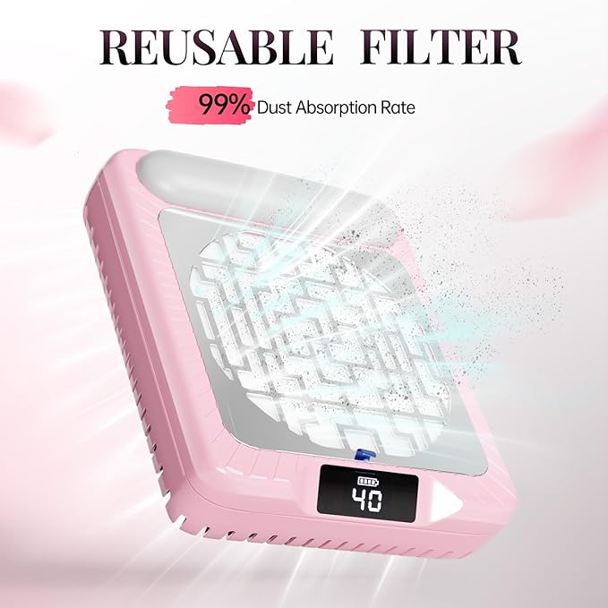 krofaue Wireless Nail Dust Collector with Arm Rest - Quiet Rechargeable Nail Vacuum Dust Collector for Salon & Home 40 Speeds Adjustable with Digital Display, Replaceable Filter & Brush