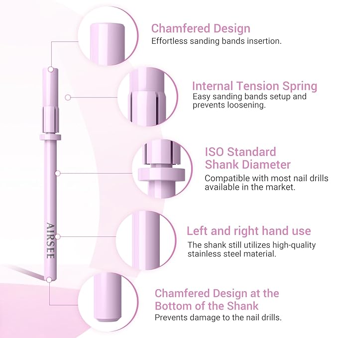 AIRSEE 3.1mm Small Nail Drill Mandrel Bits for Mini Efile Sanding Bands, Stainless Steel Professional Electric Head Clean Remove Cuticle Removing, Acrylic Manicure Sander Safety (Rose Pink)