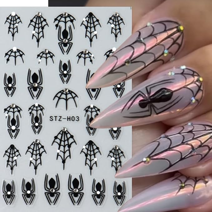 6Pcs Halloween Nail Stickers 3D Spider Web Nail Decals Ghost DIY Self Adhesive Spider Ghost Heart Nail Design Sticker Halloween Nail Decoration Supplies Holiday Manicure Accessories for Women Girls
