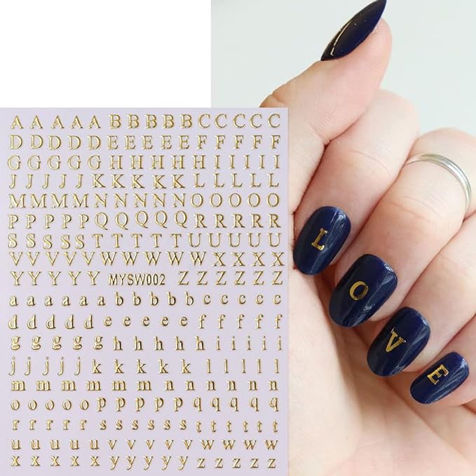 8 Sheets Letter Nail Stickers - 3D Self-Adhesive English Alphabet Nail Decals - Black, White, Gold, Silver - Big & Small Letter Nail Art Design Stickers for DIY Acrylic Nail Art Decorations & Charms