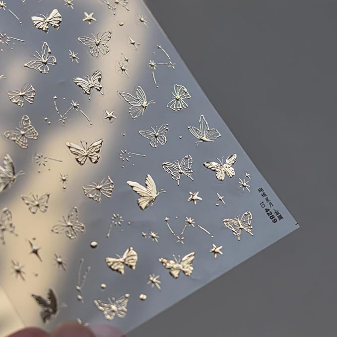 1 Sheets Golden Hot Stamping Butterflies Nail Art Stickers, 5D Self-Adhesive with Stars and Moon Nail Decals for Women, Gold Butterfly Design Spring Nail Stickers for DIY Nail Supplies Decoration