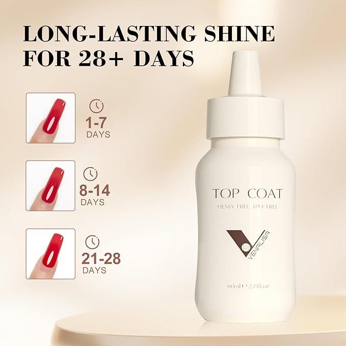 VENALISA 60 ML No Wipe Gel Top Coat- High Gloss Shiny Long Lasting Top Coat Clear Gel Nail Polish, Soak Off Nail Art Home and Professional Manicure